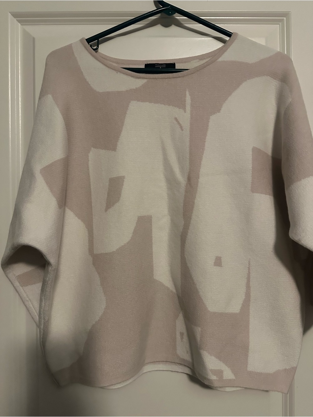 Tahari Light Pink and White Abstract Crewneck Sweater